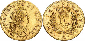 LOUIS XV (1715-1774).
Demi louis mirliton. 3,27g.1724 A=Paris
A/ LUD XV D G FR ET NAV REX Buste nu, lauré, du Roi à droite, différent et date sous l...