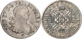 LOUIS XV (1715-1774).
Écu aux 8 L. 22,87 g. 1726. Vaquette=Pau.
A/ LVD XV D G FR ET NA RE BD Buste du roi à droite, lauré et cuirassé à l’antique. D...