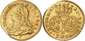 LOUIS XV (1715-1774).
Demi Louis d’or dit « aux lunettes » 4,08 g. 1726 N=Montpellier
A/ LUD XV D G FR ET NAV REX. Buste à gauche du Roi, drapé, la ...