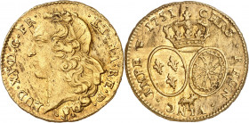 LOUIS XV (1715-1774).
Double Louis d’or au bandeau, 16,20 g. 1751 Pau
A/ LUD XV D G FR ET NA RE BD. Tête à gauche du Roi, ceinte d’un bandeau, au-de...