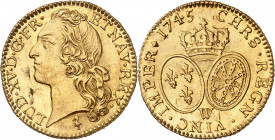 LOUIS XV (1715-1774).
Louis d’or au bandeau 1745 W=Lille 8,18 g.
A/ LUD XV D G FR ET NAV REX. Tête à gauche ceinte d’un bandeau. Dessous, différent....