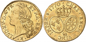 LOUIS XV (1715-1774).
Louis d’or au bandeau 1770 Pau 8,07 g.
A/ LUD XV D G FR ET NA RE BD. Tête à gauche ceinte d’un bandeau. Dessous, différent.
R...