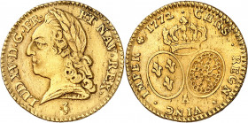 LOUIS XV (1715-1774).
Demi Louis d’or dit « à la vieille tête » 4,03 g. 1772 A=Paris.
A/ LUD XV D G FR ET NAV REX. Tête à gauche du Roi, laurée, la ...