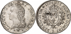 LOUIS XV (1715-1774).
Écu à la vieille tête 1774, 29,38 g. L=Bayonne
A/ LUD XV D G FR ET NAV REX Tête à gauche du Roi, laurée, la base du cou drapée...