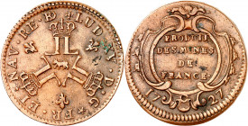 LOUIS XV (1715-1774).
Pièce de seize deniers des mines de France. 1727 Vaquette=Pau 12,12 g.
A/ + LUD XV D G FR ET NAV RE BD Trois groupes de deux L...