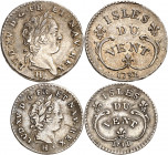 LOUIS XV (1715-1774). Iles du vent.
12 sols 1732 2,29 g. et 6 sols 1731 1,06 g. H=La Rochelle.
A/ Tête laurée du roi à droite.
R/ ISLES DU VENT ent...