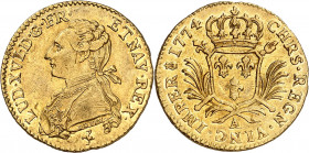 LOUIS XVI (1774-1791).
Louis d’or aux Palmes 1774 A=Paris 8,13 g.
A/ LUD.XVI.D.G.FR ET NAV.REX. Buste du Roi à gauche, en habit brodé avec l’ordre d...