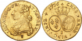 LOUIS XVI (1774-1791).
Double Louis d’or au buste habillé 1776 I=Limoges 16,23 g.
A/ LUD XVI D G FR ET NAV REX. Buste du Roi à gauche, en habit brod...