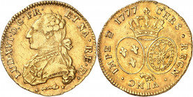 LOUIS XVI (1774-1791).
Double Louis d’or au buste habillé 1777 Pau 16,25 g.
A/ LUD XVI D G FR ET NA RE BD Buste du Roi à gauche, en habit brodé avec...