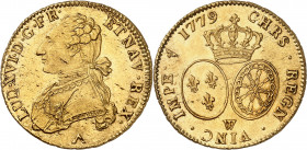 LOUIS XVI (1774-1791).
Double Louis d’or au buste habillé 1779 W=Lille 16,22 g.
A/ LUD XVI D G FR ET NAV REX Buste du Roi à gauche, en habit brodé a...