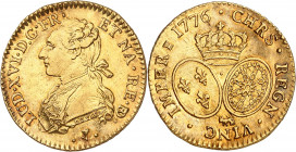LOUIS XVI (1774-1791).
Louis d’or au buste habillé 1776 Vaquette=Pau 8,10 g.
A/ LUD XVI D G FR ET NA RE BD. Buste du Roi à gauche, en habit brodé, a...