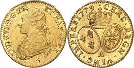 LOUIS XVI (1774-1791).
Louis d’or au buste habillé 1779 A=Paris 8,12 g.
A/ LUD XVI D G FR ET NAV REX. Buste du Roi à gauche, en habit brodé, avec l’...