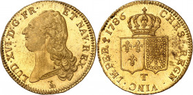 LOUIS XVI (1774-1791).
Double Louis d’or au buste nu 1786 T= Nantes 15,28 g.
A/ LUD XVI D G FR ET NAV REX. Tête nue du Roi à gauche, au-dessous (dif...
