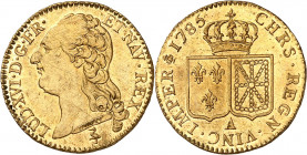 LOUIS XVI (1774-1791).
Louis d’or au buste nu 1785 A=Paris 7,61 g.
A/ LUD XVI D G FR ET NAV REX. Tête nue du Roi à gauche, au-dessous (différent). ...