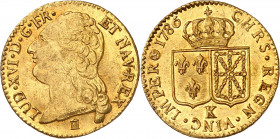 LOUIS XVI (1774-1791).
Louis d’or au buste nu 1786 K=Bordeaux 7,63 g.
A/ LUD XVI D G FR ET NAV REX. Tête nue du Roi à gauche, au-dessous (différent)...