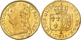 LOUIS XVI (1774-1791).
Louis d’or au buste nu 1786 K=Bordeaux 7,55 g.
A/ LUD XVI D G FR ET NAV REX. Tête nue du Roi à gauche, au-dessous (différent)...