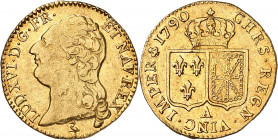 LOUIS XVI (1774-1791).
Louis d’or au buste nu 1790 A=Paris 7,61 g.
A/ LUD XVI D G FR ET NAV REX. Tête nue du Roi à gauche, au-dessous (Différent). ...