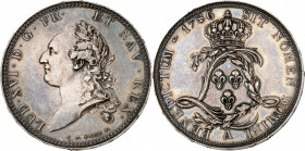 LOUIS XVI (1774-1791).
Écu de Calonne de 6 livres 1786 31,28 g. Essai signé Droz avec 5 viroles.
A/ LUD.XVI.D.G.FR.ET NAV.REX Tête laurée du roi à g...