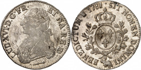 LOUIS XVI (1774-1791).
Écu aux lauriers de 6 livres 1781 Vaquette=Pau 29,26 g.
A/ LUD XVI D G FR ET NA RE BD Buste à gauche du Roi, portant une vest...