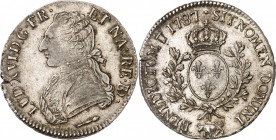 LOUIS XVI (1774-1791).
Écu aux lauriers de 6 livres. 29,07 g. 1787 Vaquette=Pau
A/ LUD XVI D G FR ET NA RE BD Buste à gauche du Roi, portant une ves...