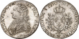 LOUIS XVI (1774-1791).
Écu aux lauriers de 6 livres 1790 W=Lille 29,18 g.
A/ LUD XVI D G FR ET NA REX Buste à gauche du Roi, portant une veste brodé...