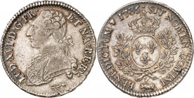 LOUIS XVI (1774-1791).
Demi écu aux lauriers de 3 livres. 14,55 g. 1785 Vaquette=Pau
A/ LUD XVI D G FR ET NA RE BD. Buste du Roi à gauche, en habit ...