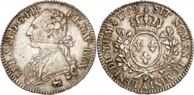 LOUIS XVI (1774-1791).
Demi écu aux lauriers de 3 livres. 14,61 g. 1792 A=Paris
A/ LUD XVI D G FR ET NAV REX Buste du Roi à gauche, en habit brodé, ...