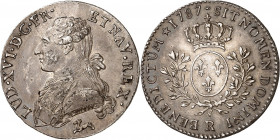 LOUIS XVI (1774-1791).
Cinquième d’écu aux lauriers ou 24 sols 1787 R=Orléans.
A/ LUD XVI D G FR ET NAV REX Buste du Roi à gauche, en habit brodé, a...