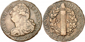 LOUIS XVI (1774-1791) - Période constitutionnelle.
2 Sols français 1793 BB=Strasbourg (métal de cloche) 19,22 g.
A/ LOUIS XVI ROI DES FRANÇAIS.(atel...