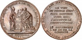 Médaille en bronze, 14 Septembre 1791. 
Message du Roi à l’Assemblée Nationale.
A/Louis XVI vêtu du manteau royal prête serment en posant la main su...