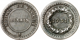 Gouvernement Constitutionnel de LOUIS XVI.
Dixain de Rochon en métal de cloche 1791.
A/ 1791 au centre d’une couronne de chêne.
R/ METAL DE CLOCHE,...