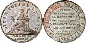 CONVENTION (1792-1795).
Essai de Brézin 1792.
A/ LIBRE J’OFFRE LA PAIX Au centre : La Liberté assise tenant un rameau d’olivier et la pique au bonne...
