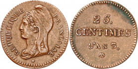 CONVENTION (1792-1795).
25 Centimes en cuivre. An 3 Essai de Dupré.
A/Buste à gauche de la Liberté au bonnet; dessous, étoile.
R/25/CENTIMES/ AN 3-...
