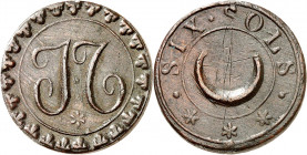 CONVENTION (1792-1795).
Siège de Lyon 1793 en métal de canon.
A/JT dans un contour orné.
R/SIX.SOLS.XXX. Au centre croissant.
VG.429. Rare. TTB 
...