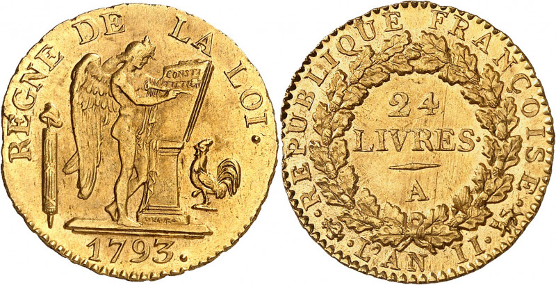 CONVENTION (1792-1795).
24 Livres 1793 A=Paris 7,63 g.
A/RÈGNE DE LA LOI-date....