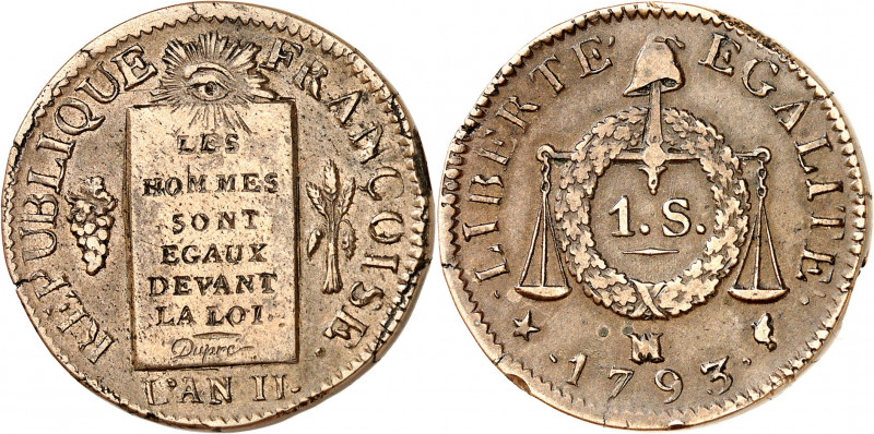 CONVENTION (1792-1795).
1 Sol à la balance 1793 MA=Marseille 15,18 g.
A/REPUBL...