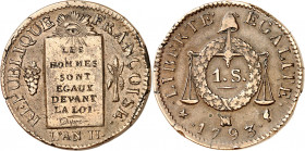 CONVENTION (1792-1795).
1 Sol à la balance 1793 MA=Marseille 15,18 g.
A/REPUBLIQUE FRANÇOISE. Table de la loi, à l’exergue l’AN II entre une grappe ...