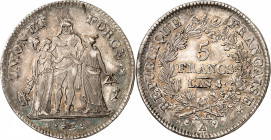 DIRECTOIRE (1795-1799).
5 Francs An 4 A=Paris. 25,43 g.
A/UNION ET FORCE. Hercule entouré de l’Egalité à droite et de la Liberté à gauche.
R/REPUBL...