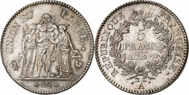 DIRECTOIRE (1795-1799).
5 Francs An 7 A=Paris. 25,06 g.
A/UNION ET FORCE. Hercule entouré de l’Egalité à droite et de la Liberté à gauche.
R/REPUBL...