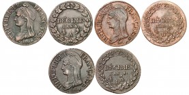 DIRECTOIRE (1795-1799).
Décime cuivre An 4 A=Paris 10,17 g. Gad.184. TTB
Décime An 4 D=Lyon 9,15 g. Gad.184. TTB
Décime An 4 D=Lyon 9,38 g. Gad.184...