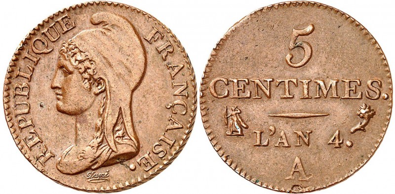 DIRECTOIRE (1795-1799).
5 Centimes An 4 A=Paris. 5 g. Graveur : Dupré
A/Tête d...