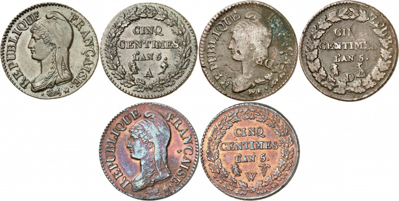 DIRECTOIRE (1795-1799).
Cinq Centimes An 5 D=Lyon Surfrappe du décime 9,59 g. G...