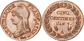 DIRECTOIRE (1795-1799).
Cinq Centimes An 7 A= Paris. Graveur : Dupré
A/Tête de la république coiffée du bonnet phrygien.
R/Valeur, millésime et dif...