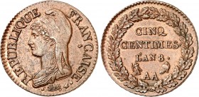 DIRECTOIRE (1795-1799).
Cinq Centimes An 8 AA= Metz. Graveur : Dupré
A/Tête de la république coiffée du bonnet phrygien.
R/Valeur, millésime et dif...