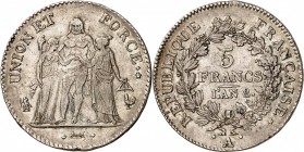 CONSULAT (1799-1804).
5 Francs An 8 A=Paris. 25,06 g.
A/UNION ET FORCE. Hercule entouré de l’Egalité à droite et de la Liberté à sa gauche.
R/REPUB...