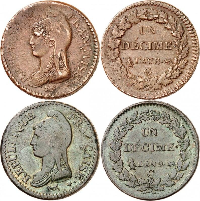 CONSULAT (1799-1804).
Décime An 8 et An 9 G= Genève.
Gad.187a. (Lot de 2 pièce...