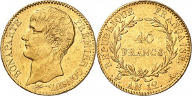 CONSULAT (1799-1804).
40 Francs An 12 A=Paris 12,87 g.
A/BONAPARTE PREMIER CONSUL. Thiolier (Graveur). Sa tête nue à gauche.
R/REPUBLIQUE FRANÇAISE...