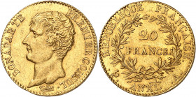CONSULAT (1799-1804).
20 Francs au XI A=Paris 6,44 g.
A/ BONAPARTE PREMIER CONSUL. Thiolier (Graveur) Sa tête nue à gauche.
R/ REPUBLIQUE FRANÇAISE...