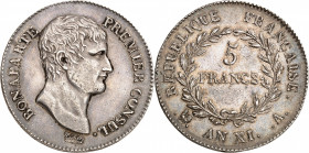 CONSULAT (1799-1804).
5 francs An XI A=Paris 25,10 g.
A/BONAPARTE PREMIER CONSUL. Sa tête nue à droite.
R/REPUBLIQUE FRANÇAISE. Différent Date. Ate...