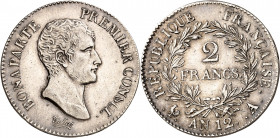 CONSULAT (1799-1804).
2 Francs An 12 A=Paris 9,97 g.
A/BONAPARTE PREMIER CONSUL. Sa tête nue à droite.
R/REPUBLIQUE FRANÇAISE. Différent Date. Atel...